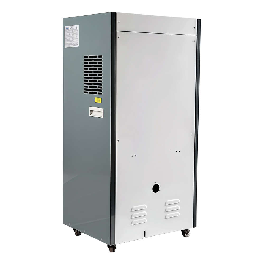 Commercial dehumidifier, rear view with service port and drainage outlet