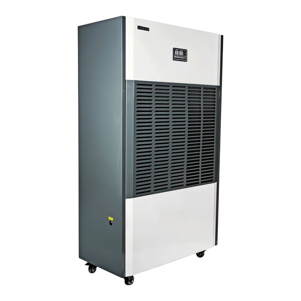 DH-D-20IH industrial dehumidifier, side-angle view with caster wheels